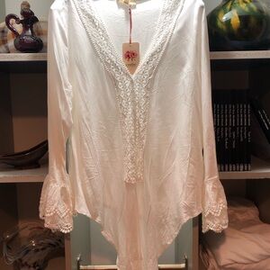 Entro White Lace Trim Button Down Shirt